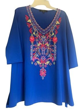 Caleooa  Royal Blue Embroidered V-Neck Tunic women's size L ,,NWOT ,,L150